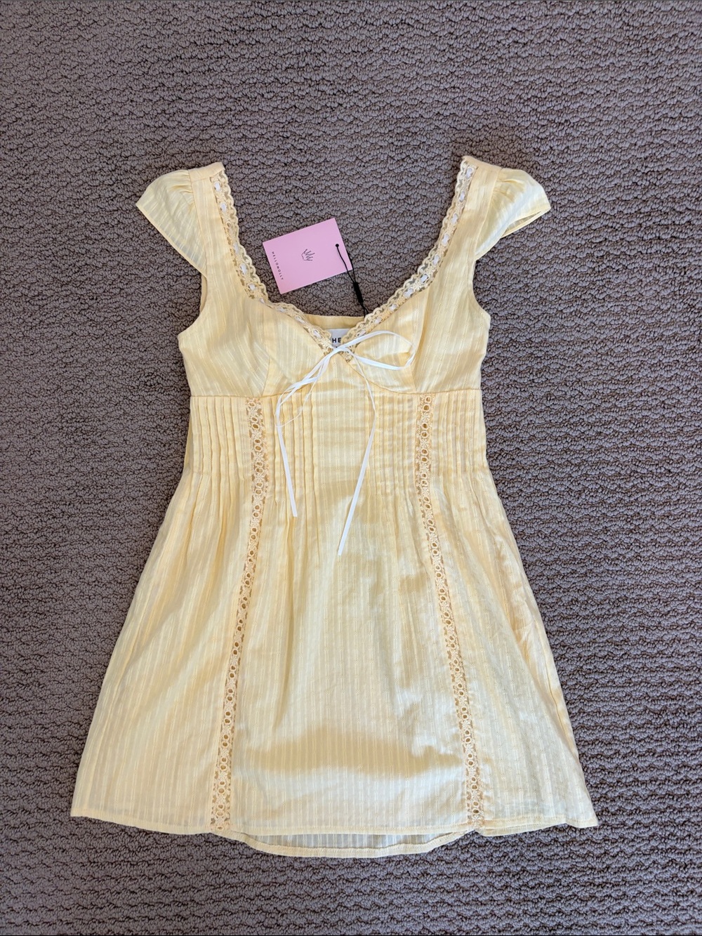 Women’s butter yellow mini dress - capped sleeve, sweetheart neckline, lace, bow
